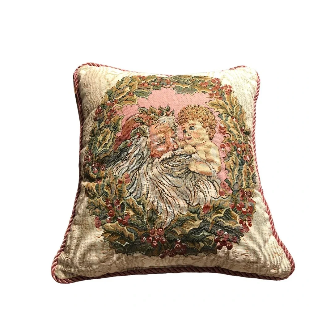 Cherub Santa Christmas Tapestry Pillow Springmaid Wamsutta‎ Braid Vintage USA